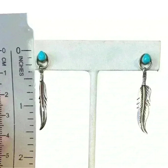 Sterling silver & turquoise feather Native American Southwestern stud dangles - Picture 3 of 3